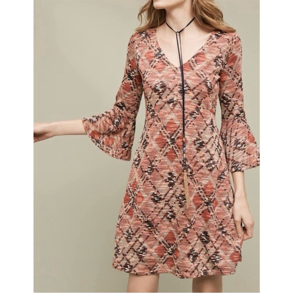 Anthropologie Maeve Pink Argyle Bell Sleeve Mini Dress XXSP